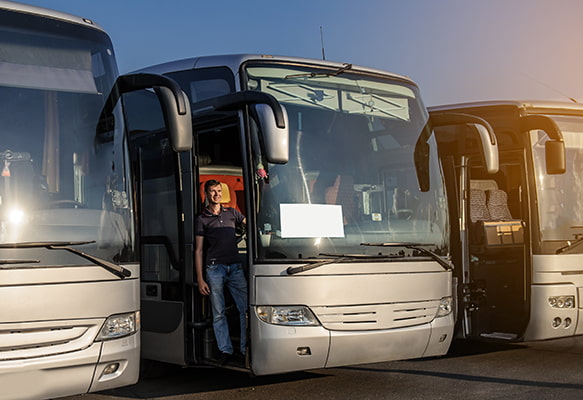 A bus driver steps off a bus parked in a lot with other buses